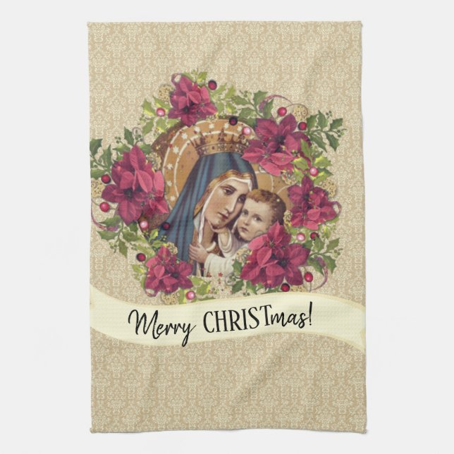 Blessed Virgin Mary Jesus Christmas Floral Tea Towel (Vertical)