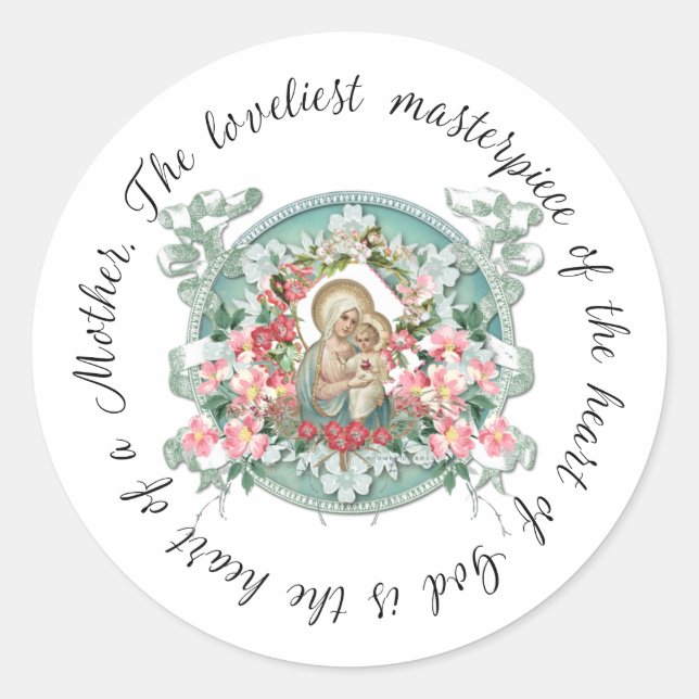 Blessed Virgin Mary Jesus Mother Quote Floral Clas Classic Round Sticker (Front)