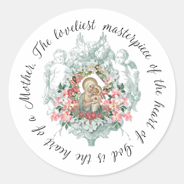 Blessed Virgin Mary Jesus Mother Quote Floral Classic Round Sticker (Front)