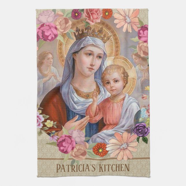 Blessed Virgin Mary Jesus  Roses Floral Religious Tea Towel (Vertical)