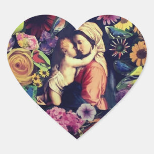 Blessed Virgin Mary Jesus Roses Flowers Religious Heart Sticker