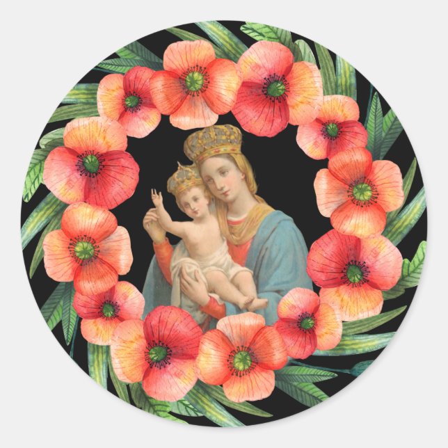 Blessed Virgin Mary Jesus Wreath Flowers Religious Classic Round Sticker (Front)