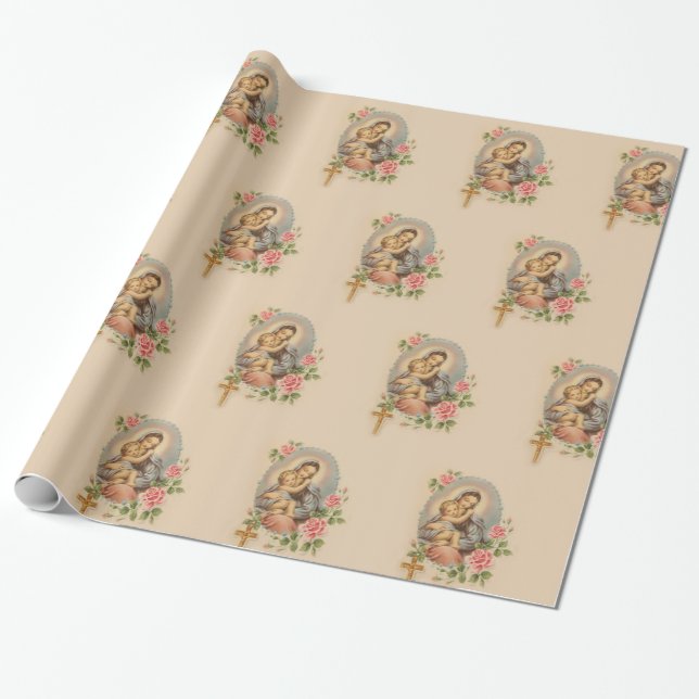 Blessed Virgin Mary Mother Baby Jesus Flowers Wrapping Paper (Unrolled)