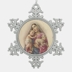Blessed Virgin Mary Mother Baby Jesus & Lamb Snowflake Pewter Christmas Ornament