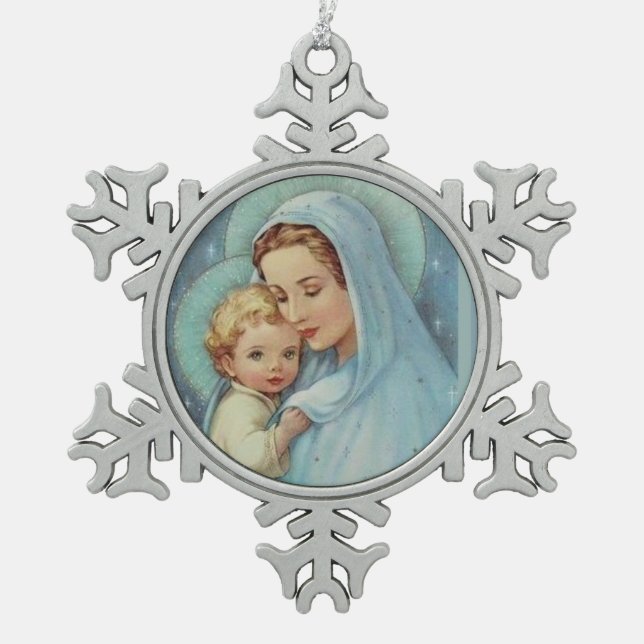 Blessed Virgin Mary Mother Baby Jesus Snowflake Pewter Christmas Ornament (Front)