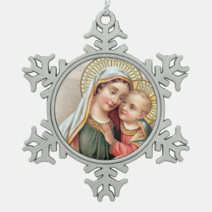Blessed Virgin Mary Mother Baby Jesus Snowflake Pewter Christmas Ornament