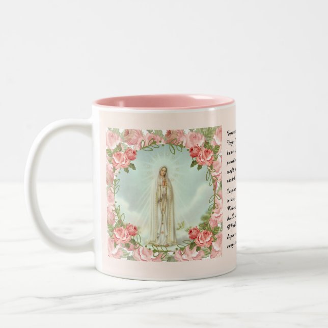 Blessed Virgin Mary Our Lady of Fatima Memorare Tw Two-Tone Coffee Mug (Left)