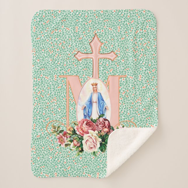 Blessed Virgin Mary Religious Catholic Cross Sherpa Blanket (Front)