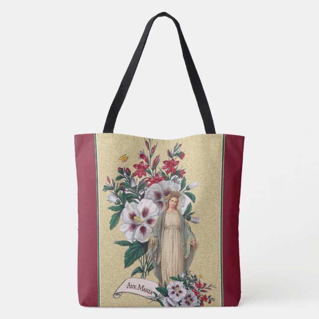 Blessed Virgin Mary Religious Floral Ave Maria Tote Bag (Back)