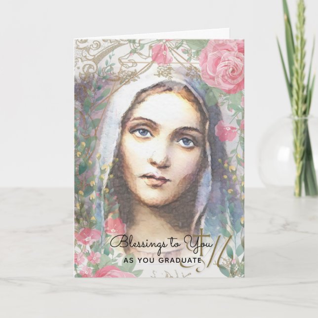 Blessed Virgin Mary Religious Floral Graduation  Card (Front)