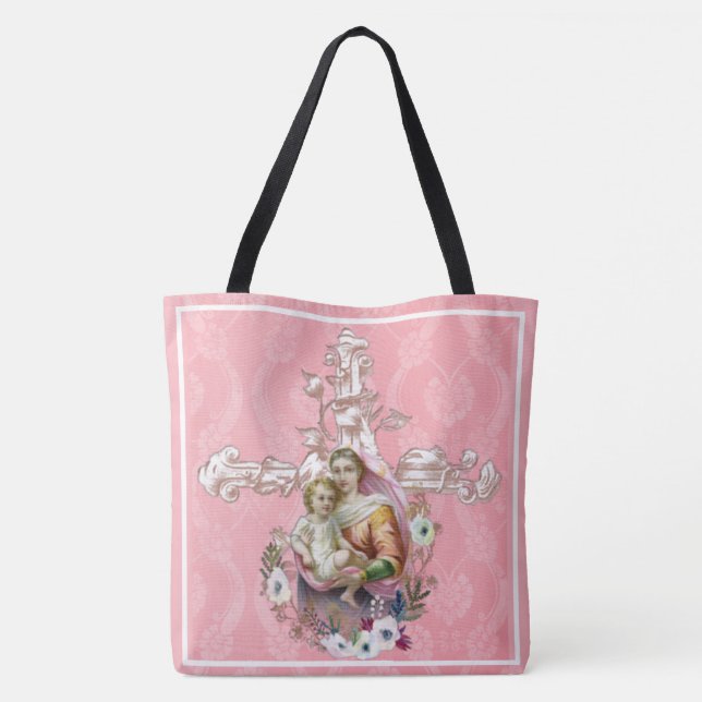 Blessed Virgin Mary Religious Jesus Cross Tote Bag (Back)