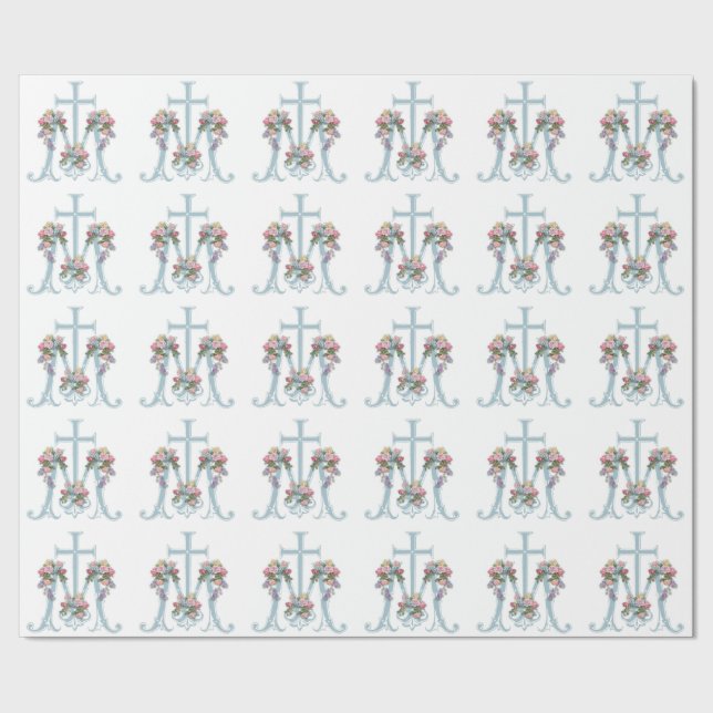 Blessed Virgin Mary Religious Marian Cross Floral Wrapping Paper (Seam)