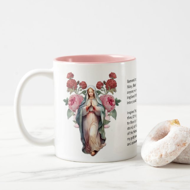 Blessed Virgin Mary Roses  Memorare Prayer Two-Tone Coffee Mug (With Donut)