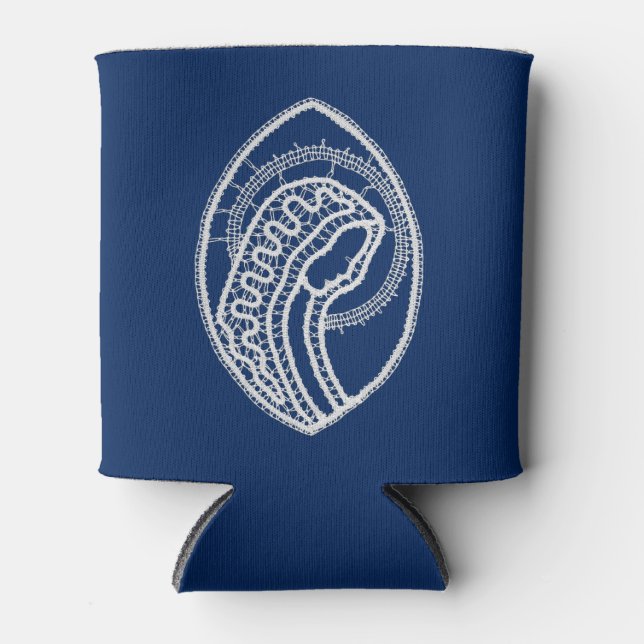 Blessed Virgin Mary, white lace, navy blue Can Cooler (Front)