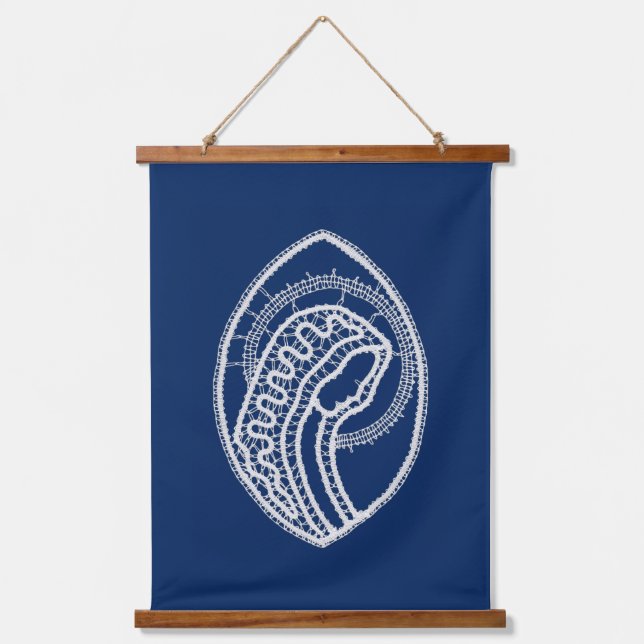 Blessed Virgin Mary, white lace, navy blue Hanging Tapestry (Front)