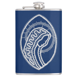 Blessed Virgin Mary, white lace, navy blue Hip Flask