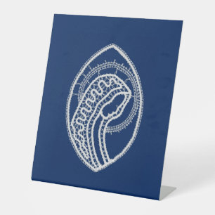 Blessed Virgin Mary, white lace, navy blue Pedestal Sign