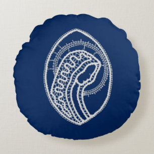 Blessed Virgin Mary, white lace, navy blue Round Cushion