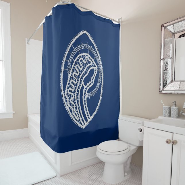 Blessed Virgin Mary, white lace, navy blue Shower Curtain (In Situ)