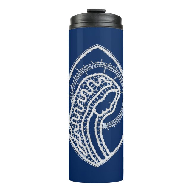 Blessed Virgin Mary, white lace, navy blue Thermal Tumbler (Front)
