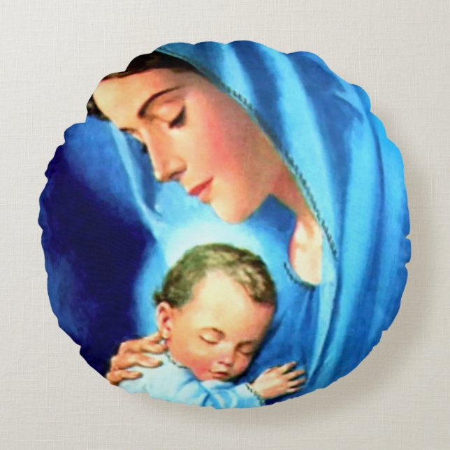 Blessed Virgin Mary with Baby Jesus Round Cushion (Front)