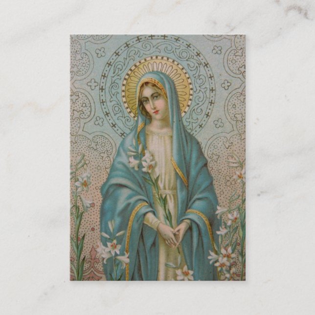 Blessed Virgin Mary with Lilies Memorare Holy Card (Front)