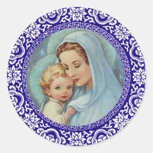 Blessed Virgin Mother Mary Baby Jesus Blue Border Classic Round Sticker