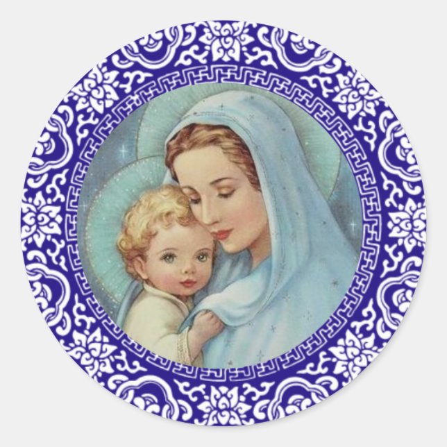 Blessed Virgin Mother Mary Baby Jesus Blue Border Classic Round Sticker (Front)