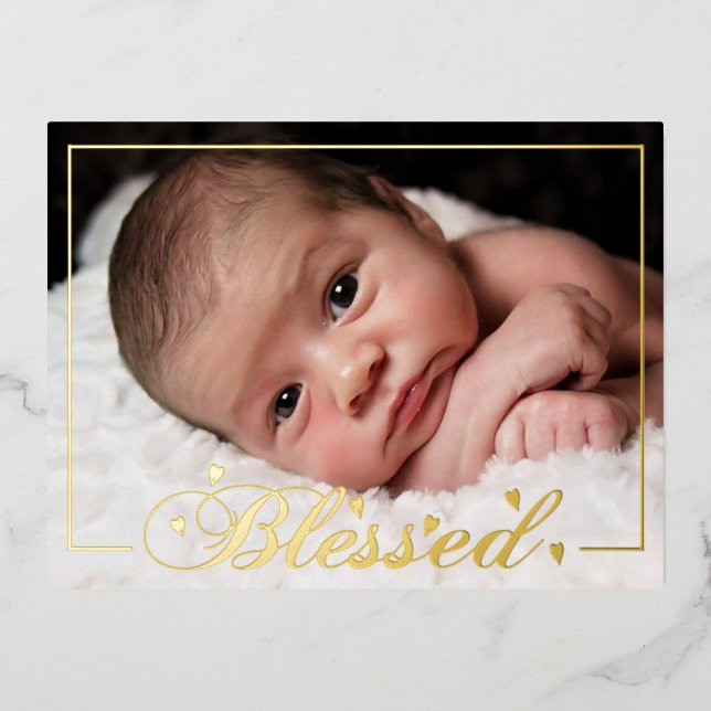 Blessed w/ Hearts Foil Birth Announcement Postcard (Front)