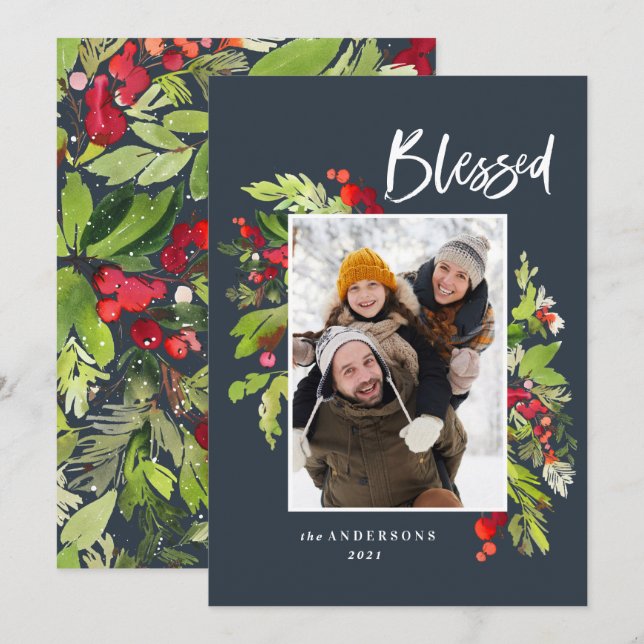 Blessed watercolor foliage 1 photo Christmas navy Holiday Card (Front/Back)