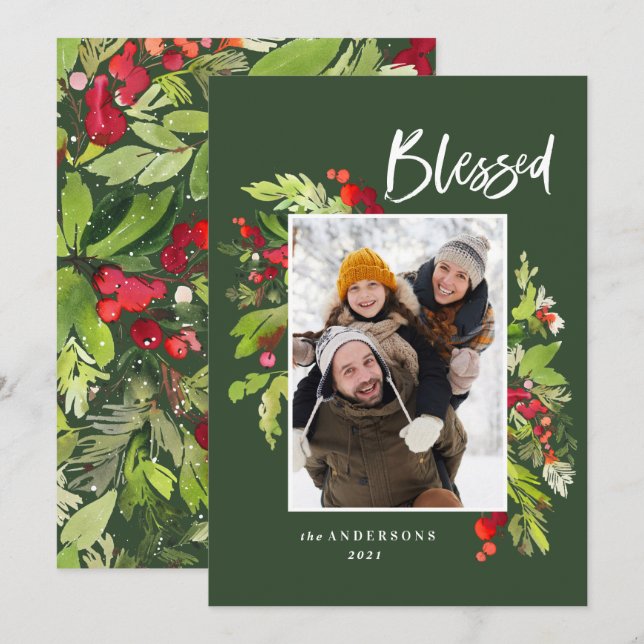 Blessed watercolor foliage green Christmas Holiday Card (Front/Back)