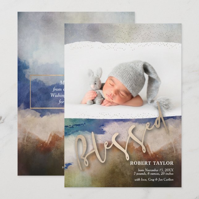 BLESSED Watercolor Photo Birth Announcements (Front/Back)