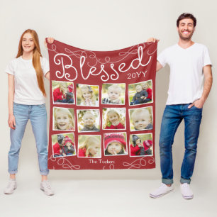 Blessed Year in Pictures 12 Photo Collage Red Fleece Blanket
