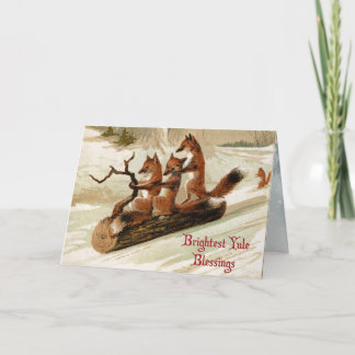 Blessed Yule Sledding Foxes Folded Holiday Card