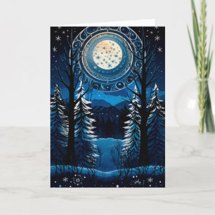 Blessed Yule Winter Solstice Cosy Full Moon Forest Holiday Card