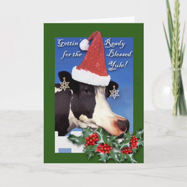 Blessed Yule, Winter Solstice, Cow in Santa Hat Card (Front)