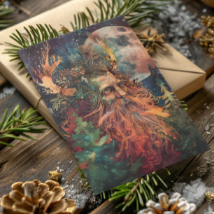 Blessed Yule Winter Solstice Holly King and Moon Holiday Card