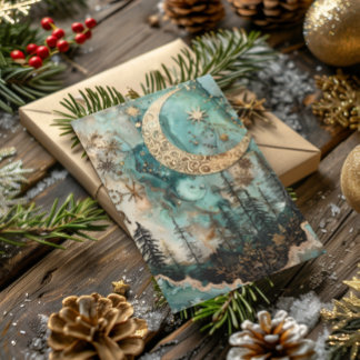 Blessed Yule Winter Solstice Teal Forest Moon Holiday Card