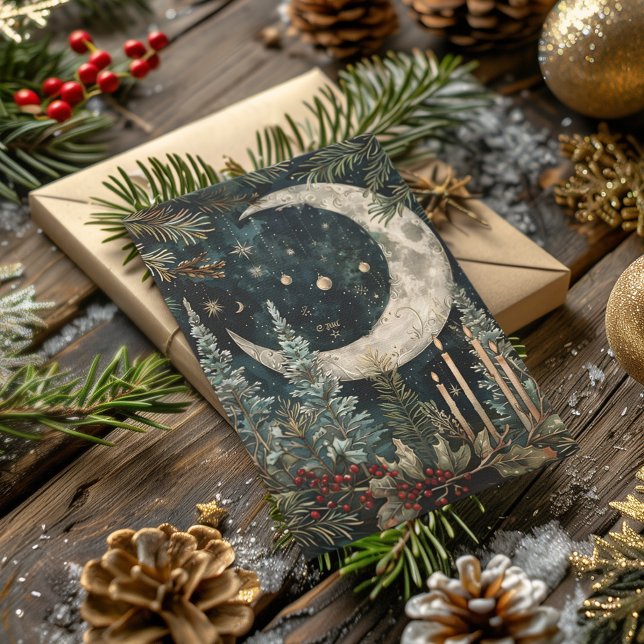 Blessed Yule Winter Solstice Winter Forest Moon Holiday Card (Creator Uploaded)
