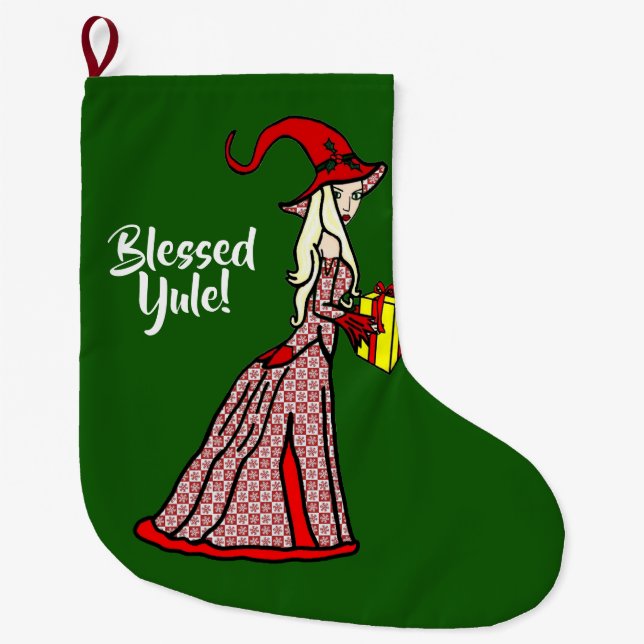 Blessed Yule Witch Large Christmas Stocking (Front)