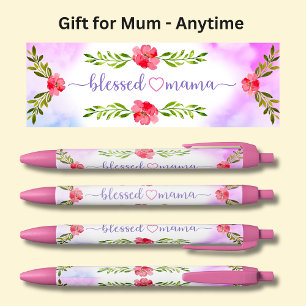 Blesses Mama Pink Flowers Black Ink Pen