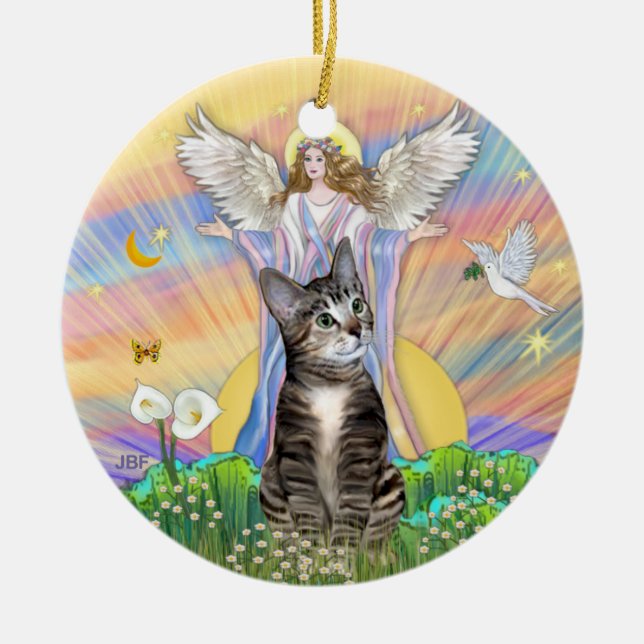 Blessing - BrownTabby Cat 2 Ceramic Tree Decoration (Front)
