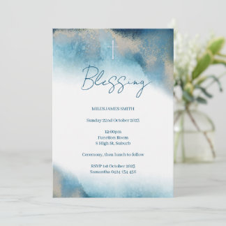 Blessing Invitation. Blue and gold watercolour.  Invitation