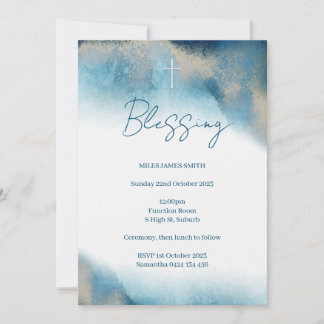 Blessing Invitation. Blue and gold watercolour. Invitation
