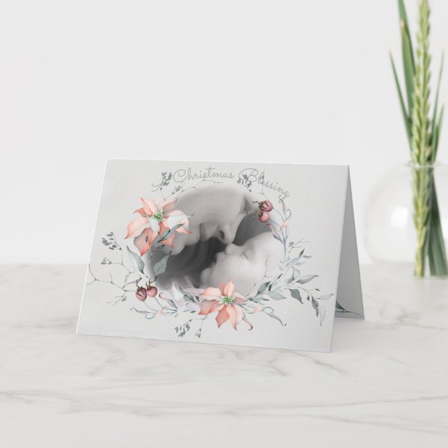 Blessing Watercolor Poinsettias  Photo Wreath Card (Front)