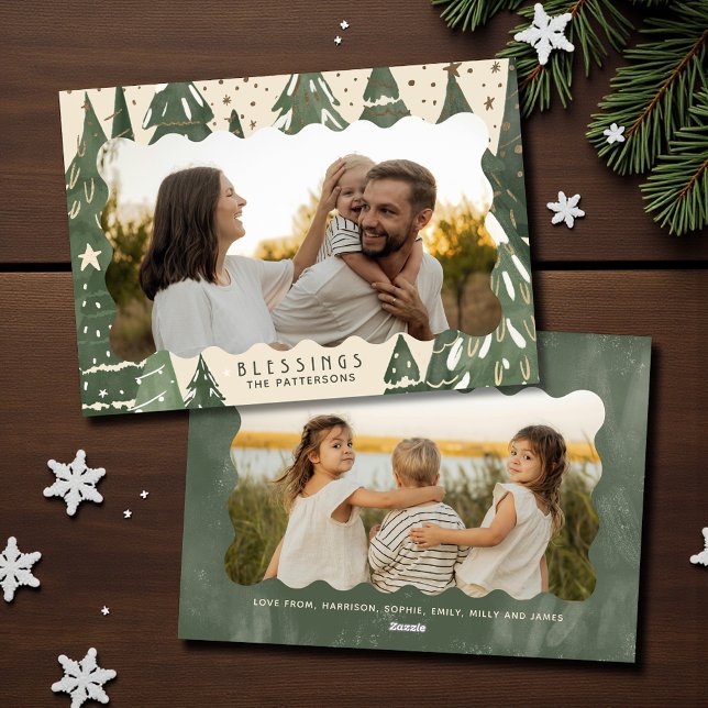 Blessings 2 Photo Family Winter Christmas Trees Holiday Card (Creator Uploaded)
