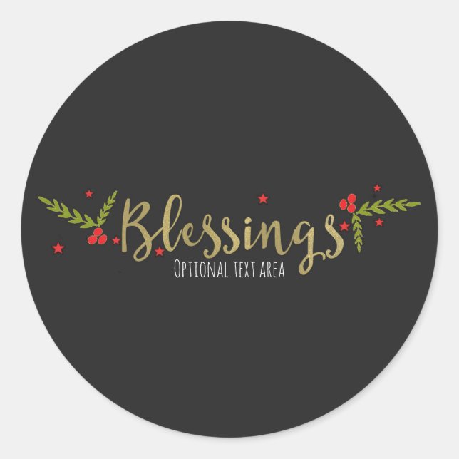 Blessings Black Gold & Red Christmas Holiday Classic Round Sticker (Front)