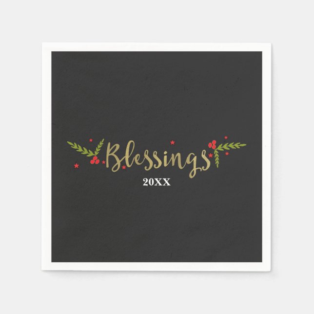 Blessings Black Gold & Red Christmas Holiday Party Napkin (Front)