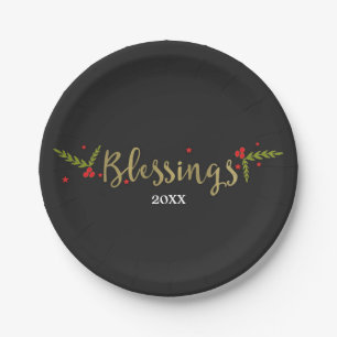 Blessings Black Gold & Red Christmas Holiday Party Paper Plate