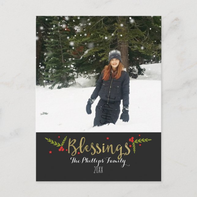 Blessings Black Gold & Red Christmas Holiday Photo (Front)